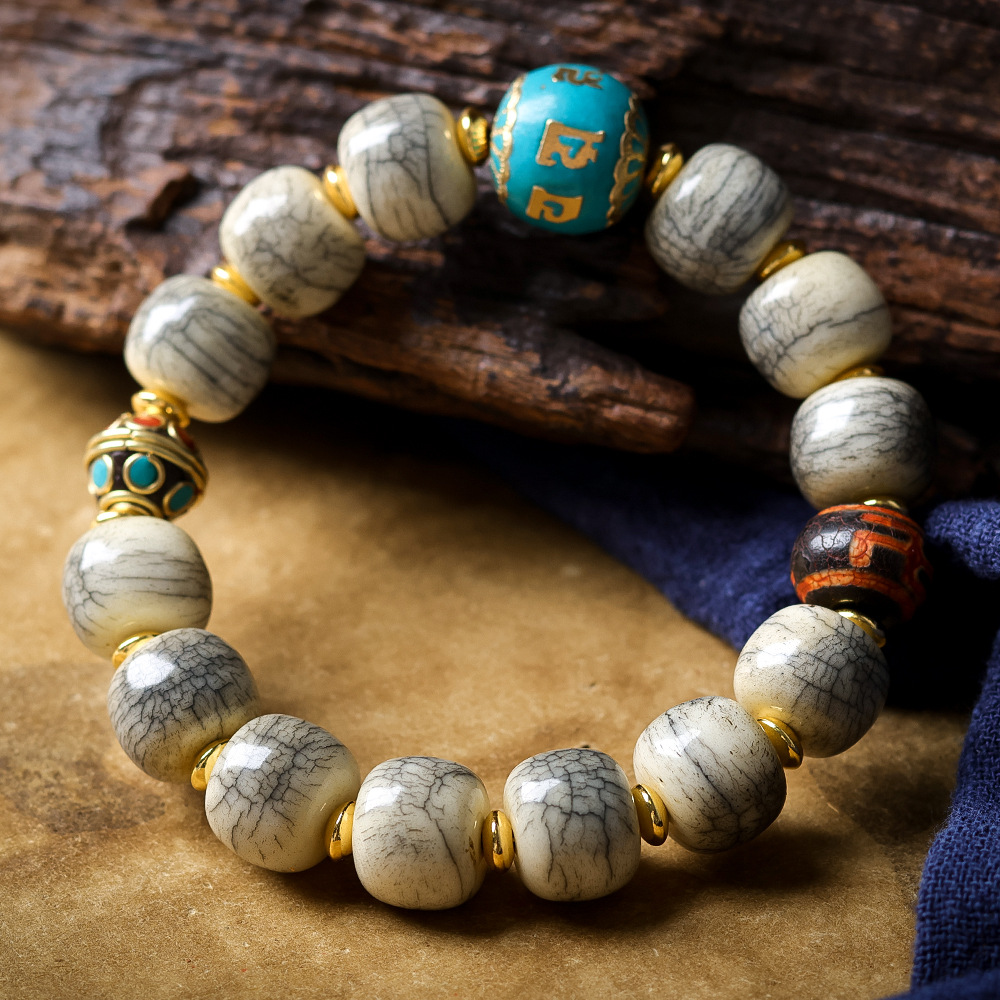 Women Accessories Nepal - Çatlak Yak Kemikli Varil Boncuklu Bileklik,